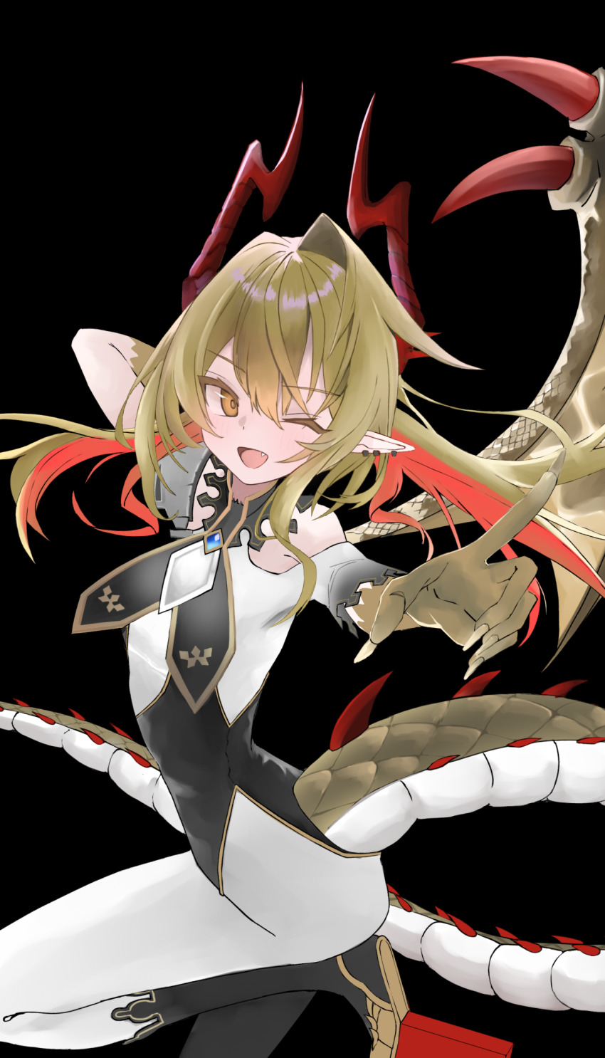 1girl, bare_shoulders, black_background, blonde_hair, dragon_girl, dragon_horns, dragon_tail, dragon_wings