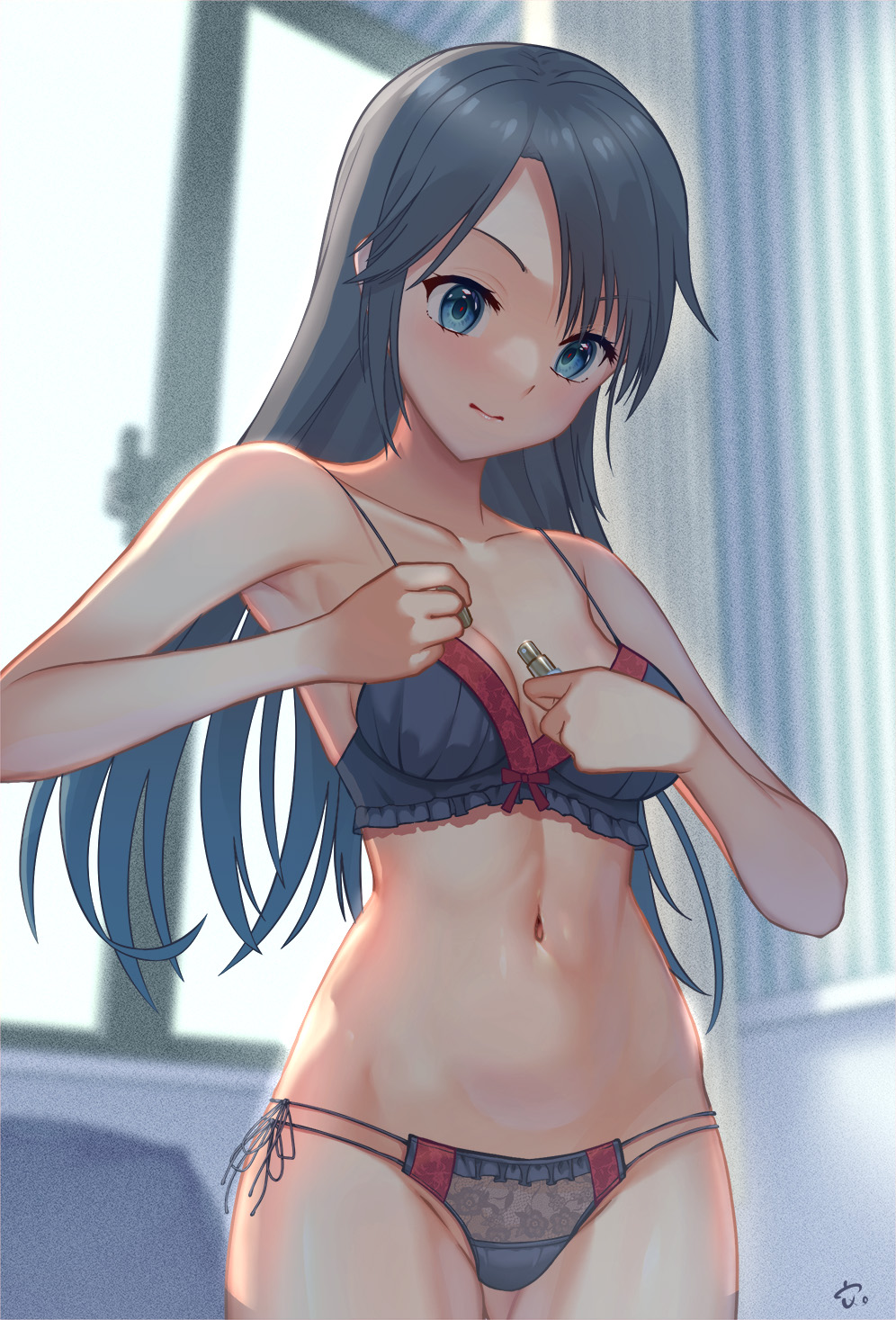 1girl, asymmetrical_bangs, backlighting, bedroom, black_bra, black_hair, black_panties, blue_eyes