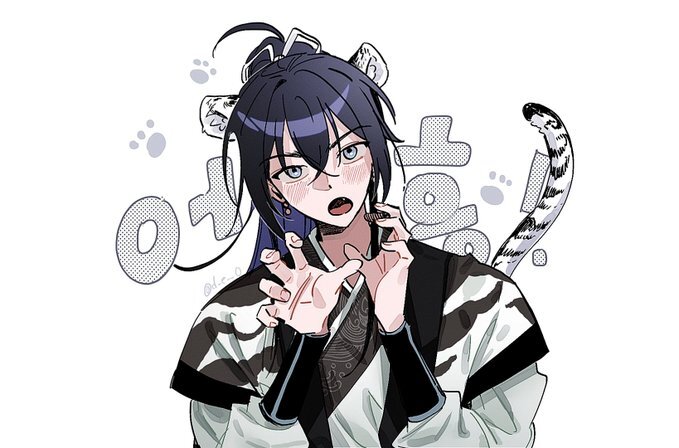 1boy, animal_ears, black_hair, blush, chinese_clothes, claw_pose, dorong_(gam-sja), earrings