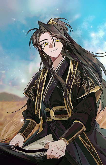 1boy, black_hanfu, blue_sky, brown_hair, chinese_clothes, closed_mouth, cowboy_shot, dorong_(gam-sja)