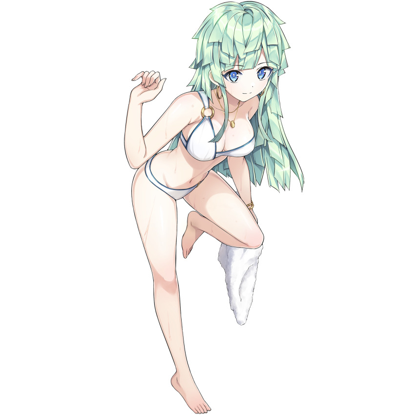 1girl, bikini, blue_eyes, blue_trim, breasts, cleavage, dolphin_wave, earrings