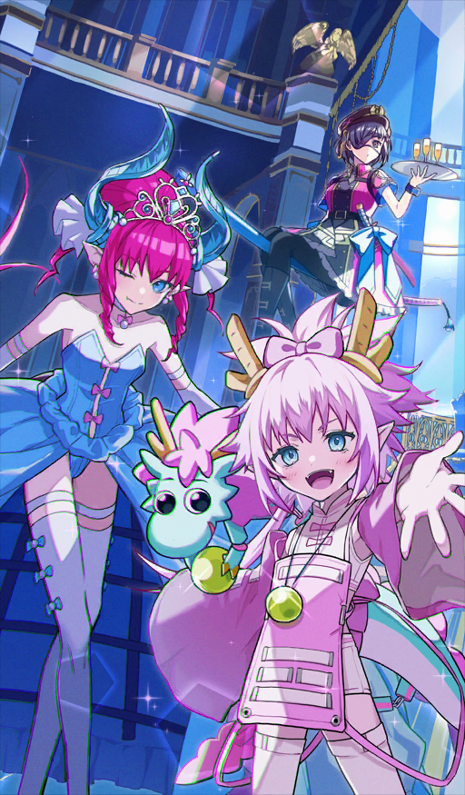 3girls, :d, ;), age_difference, asymmetrical_horns, bare_shoulders, belt, belt_buckle