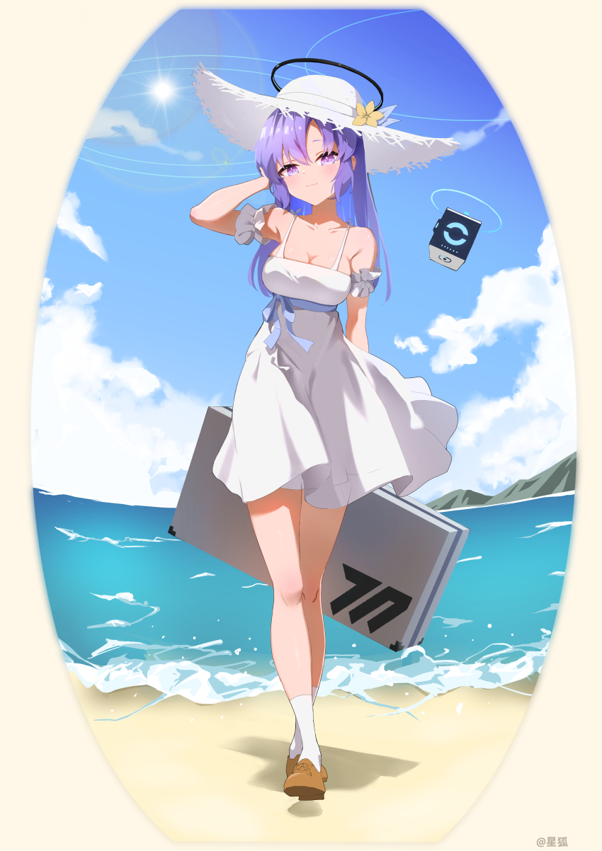 1girl, absurdres, alternate_costume, arm_behind_back, arm_up, bag, beach, blue_archive