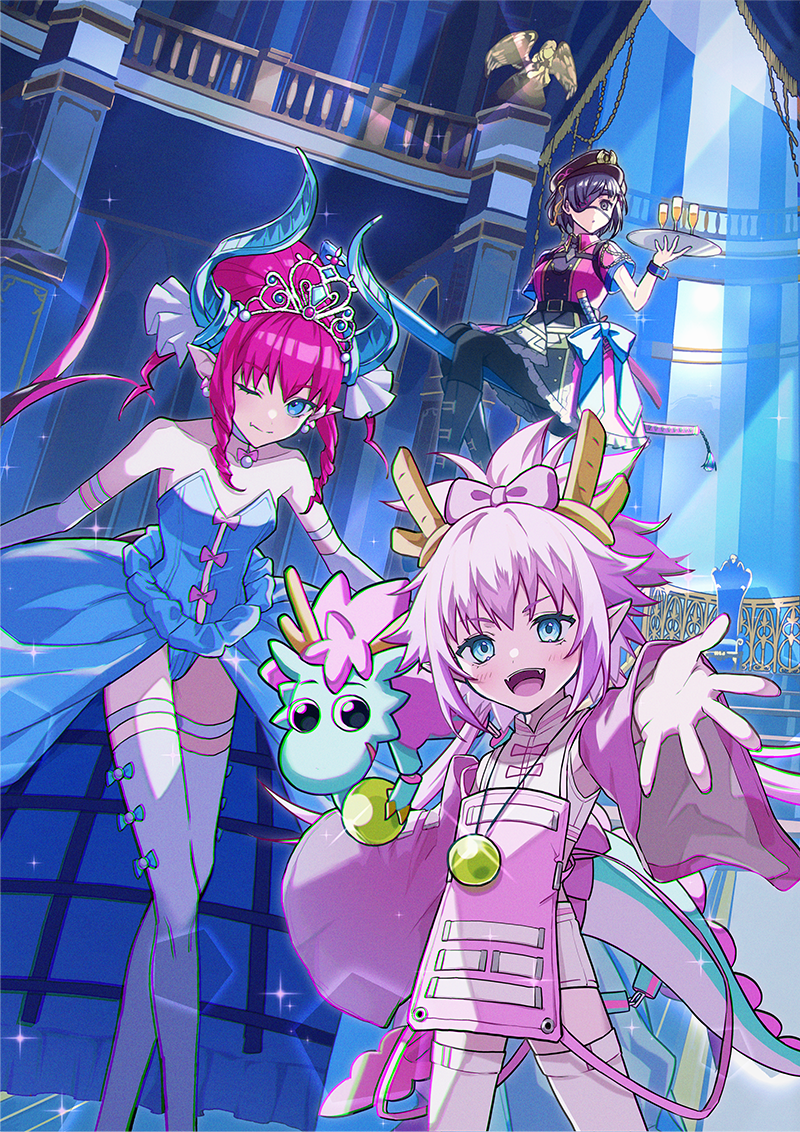 3girls, :d, ;), age_difference, asymmetrical_horns, bare_shoulders, belt, belt_buckle, black_belt, black_boots, black_hair, black_hat, black_pantyhose, blue_background, blue_bow, blue_eyes, blue_horns, blue_leotard, blue_skirt, blue_wrist_cuffs, blush, boots, bow, bow_legwear, breasts, buckle, buttons, champagne_flute, child, chinese_clothes, choker, closed_mouth, clothing_request, collared_dress, commentary_request, creature, crest, crossed_legs, cup, curtsey, dot_mouth, double-breasted, dragon_girl, dragon_tail, dress, dress_bow, drinking_glass, dutch_angle, earrings, eliza_the_nine-tattooed_dragon_(fate), elizabeth_bathory_(cinderella)_(fate), elizabeth_bathory_(fate), eyepatch, family_crest, fang, fate/grand_order, fate_(series), floating, floating_object, floating_weapon, frilled_dress, frills, fujikiri_yana, game_cg, gloves, grey_eyes, grey_necktie, hair_bow, hair_bun, hand_up, hat, high_ponytail, holding, holding_tray, horns, indoors, jewelry, katana, leotard, long_skirt, long_sleeves, looking_at_viewer, mandarin_collar, medium_breasts, multiple_girls, mysterious_ranmaru_x_(fate), necktie, official_art, on_weapon, one_eye_closed, one_eye_covered, open_mouth, orb, pantyhose, peaked_cap, pink_bow, pink_dress, pink_hair, pointy_ears, ponytail, second-party_source, sheath, sheathed, shi_jin_(fate), short_hair, short_hair_with_long_locks, short_necktie, short_sleeves, showgirl_skirt, sidelocks, single_hair_bun, sitting, skin_fang, skirt, small_breasts, smile, sphere_earrings, strapless, strapless_dress, strapless_leotard, sword, tail, teeth, thighhighs, third-party_source, tiara, tray, uneven_horns, upper_teeth_only, weapon, white_gloves, white_thighhighs, wide_ponytail, wide_sleeves, wing_collar, wrist_cuffs