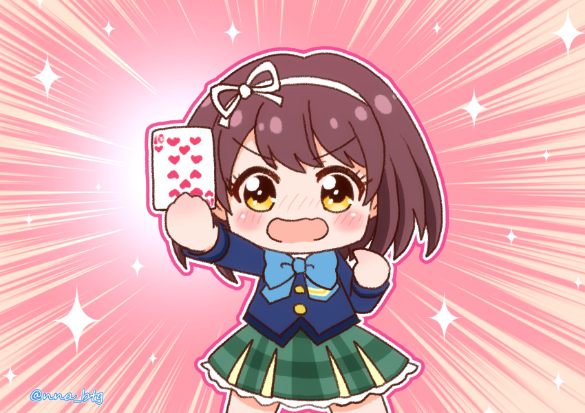 1girl, battle_girl_high_school, blazer, blue_bow, blush, bow, brown_hair, card