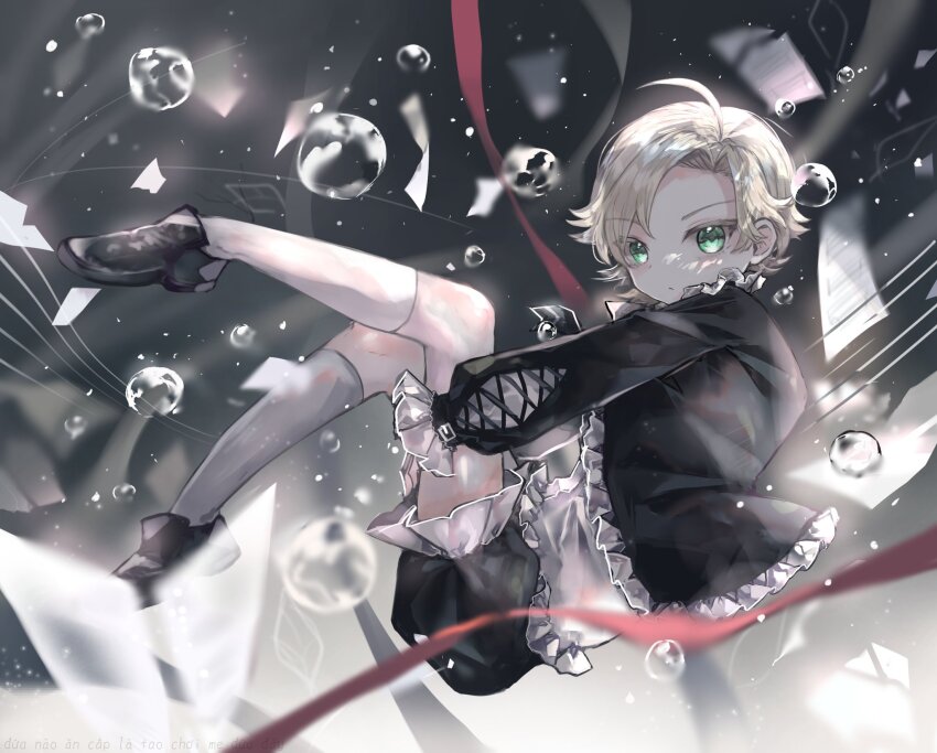 1boy, black_background, black_shirt, black_shoes, blonde_hair, bubble, child, classicaloid, closed_mouth, floating, frilled_shirt, frilled_shorts, frills, green_eyes, highres, looking_ahead, looking_at_viewer, male_focus, puffy_sleeves, richard_wagner_(classicaloid), rmiwalk, sheet_music, shirt, shoes, short_hair, shorts
