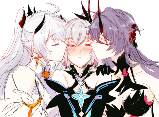3girls, blush, bronya_zaychik, closed_eyes, daikon_daikon, hair_ornament, honkai_(series), honkai_impact_3rd, implied_yuri, kiana_kaslana, kiana_kaslana_(herrscher_of_flamescion), kiss, long_hair, multiple_girls, purple_hair, raiden_mei, raiden_mei_(herrscher_of_thunder), sandwiched, white_background, white_hair, yuri
