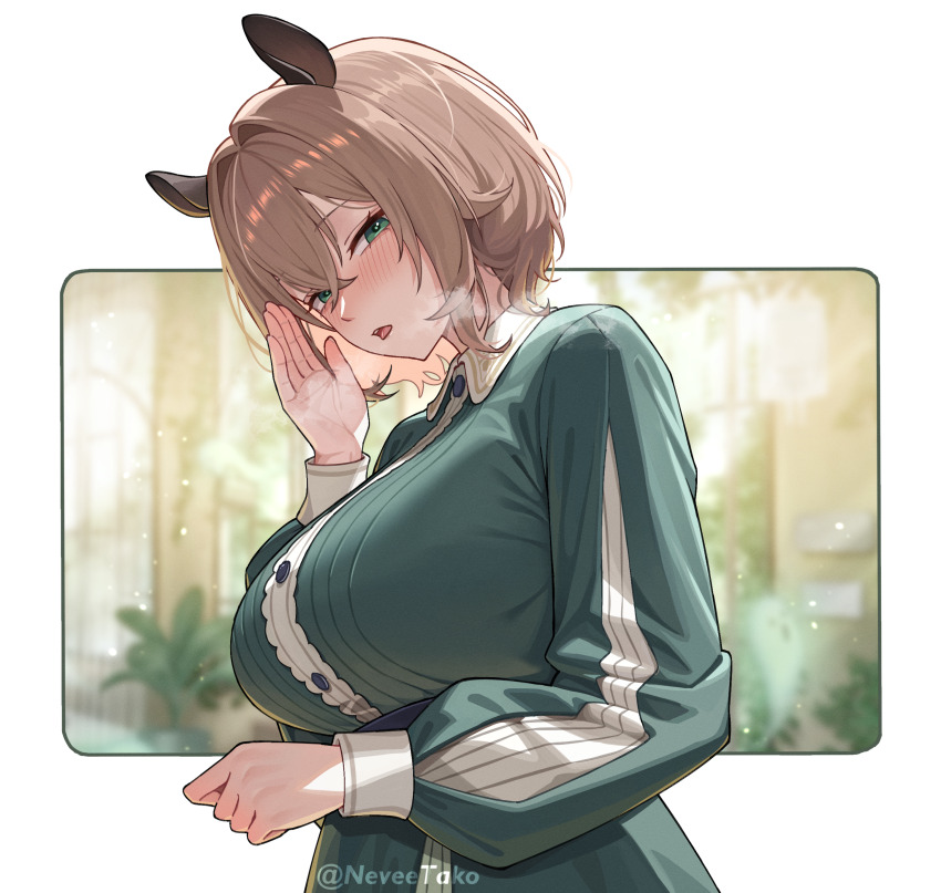 1girl, absurdres, animal_ears, blurry, blurry_background, breasts, breath, brown_hair, center_frills, collared_dress, come_hither, crossed_bangs, double-parted_bangs, dress, frills, green_dress, green_eyes, hair_between_eyes, hand_up, highres, indie_virtual_youtuber, large_breasts, long_sleeves, looking_at_viewer, nevee, nimi_nightmare, nimi_nightmare_(1st_costume), open_mouth, outdoors, short_hair, sleeve_slit, solo, tapir_ears, tapir_girl, upper_body, virtual_youtuber