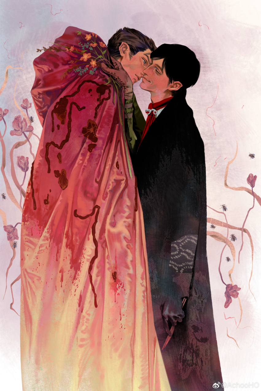 2boys, absurdres, achooho, artemy_burakh, black_coat, black_gloves, black_hair, blue_eyes