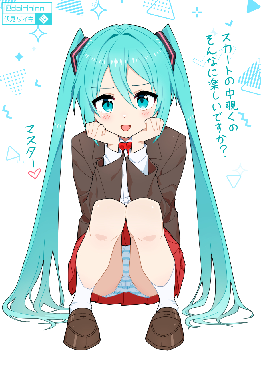 1girl, artist_name, blue_eyes, blue_hair, blue_panties, bow, bowtie, brown_jacket