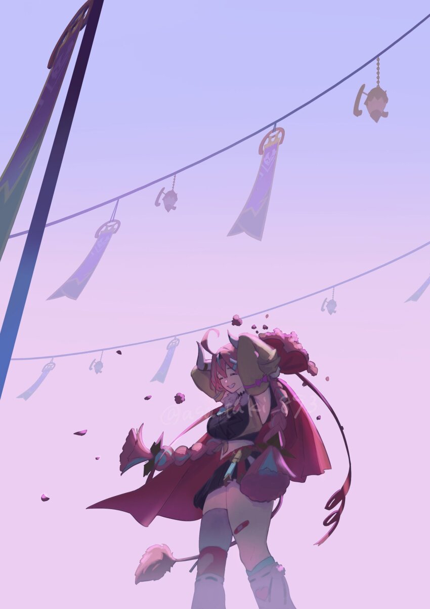 1girl, ahoge, animal_ears, armpits, arms_up, asa_tuki_893, asymmetrical_legwear, bandaid, bandaid_on_knee, bandaid_on_leg, black_skirt, bouquet, bow, braid, breasts, cape, closed_eyes, cow_ears, cow_girl, cow_horns, cow_tail, detached_sleeves, flower, genshin_impact, grin, hair_ornament, highres, holding, holding_bouquet, horns, large_breasts, long_hair, miniskirt, multicolored_hair, open_mouth, pink_bow, pink_hair, rose, single_thighhigh, skirt, sky, smile, socks, solo, tail, teeth, thighhighs, varesa_(genshin_impact), white_thighhighs, wind_chime, yellow_sleeves