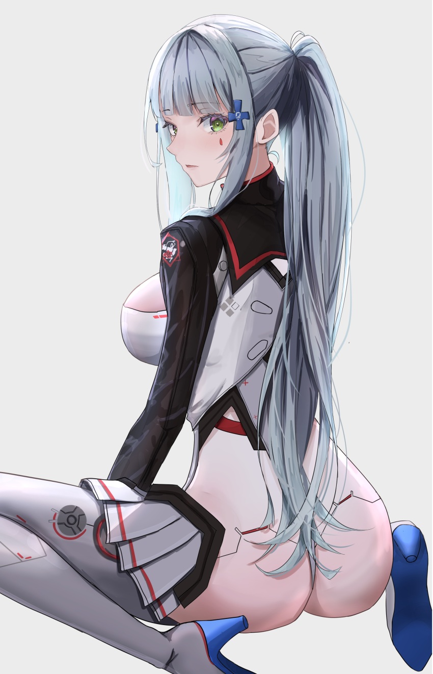 1girl, absurdres, ass, assless_skirt, breasts, commentary, facial_mark, from_behind