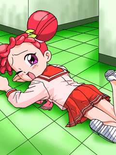 1girl, blush, child, female_focus, harukaze_doremi, indoors, lowres, lying, ojamajo_doremi, omoi, pink_eyes, purple_eyes, qvga, red_hair, school_uniform, shoes, skirt, solo