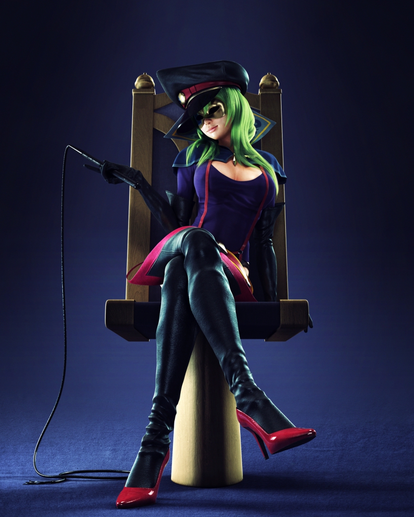 10s, 1girl, 3d, akasaki1211, blue_background, blue_theme, boots, breasts, elbow_gloves, female_focus, gloves, green_hair, hat, high_heels, highres, large_breasts, leotard, mask, peaked_cap, realistic, shoes, sitting, solo, star_driver, suspenders, thigh_boots, thighhighs, watanabe_kanako, whip