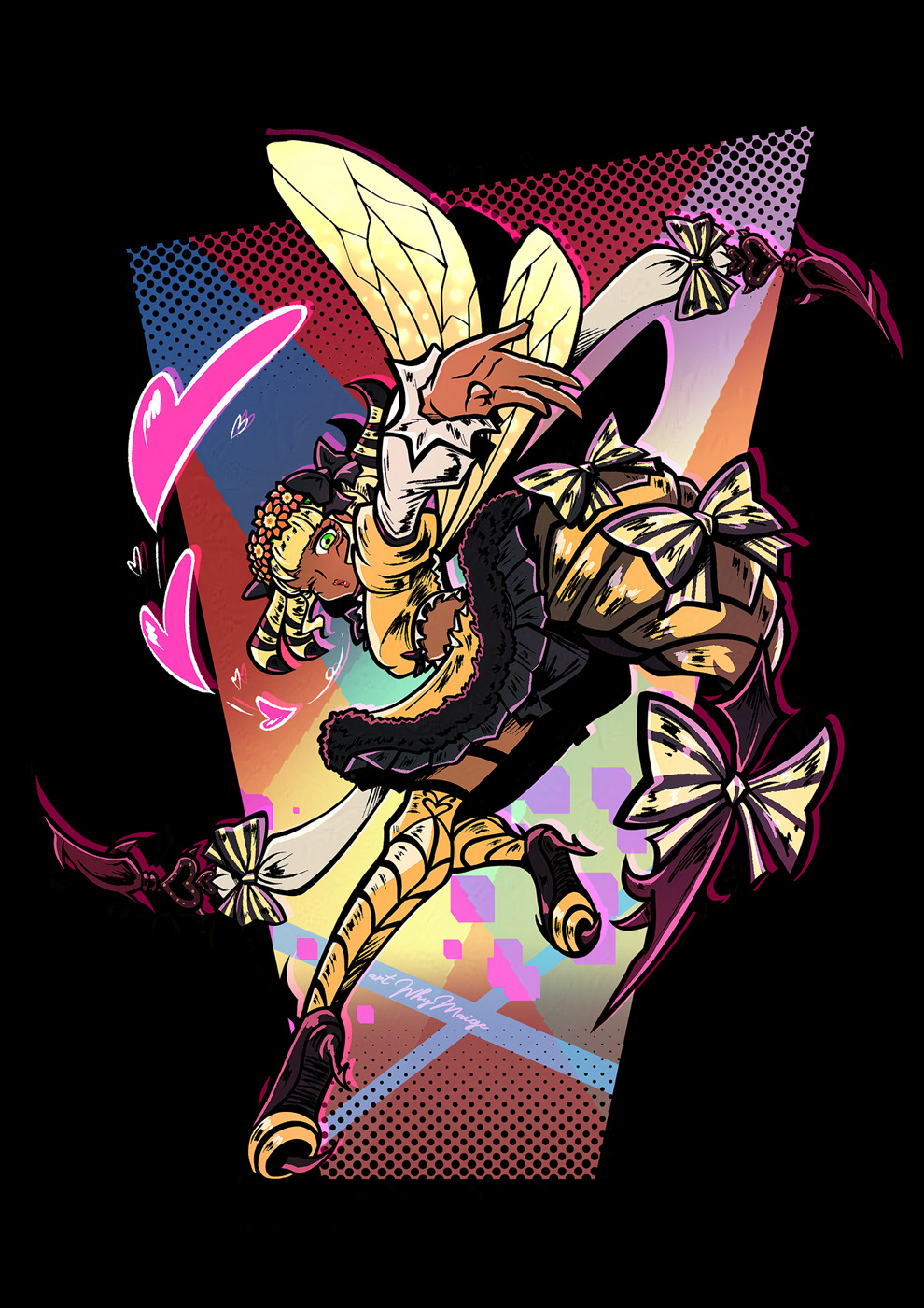 1girl, arthropod_girl, bee_girl, blonde_hair, blowing_kiss, crop_top, dark-skinned_female, dark_skin, final_fantasy, final_fantasy_xiv, fur-trimmed_skirt, fur_trim, green_eyes, highres, honey_b._lovely, insect_girl, insect_wings, leg_up, looking_at_viewer, medium_hair, o3o, one_eye_closed, red_lips, shirt, signature, skirt, solo, stinger, whymaige, wings, yellow_shirt, yellow_skirt