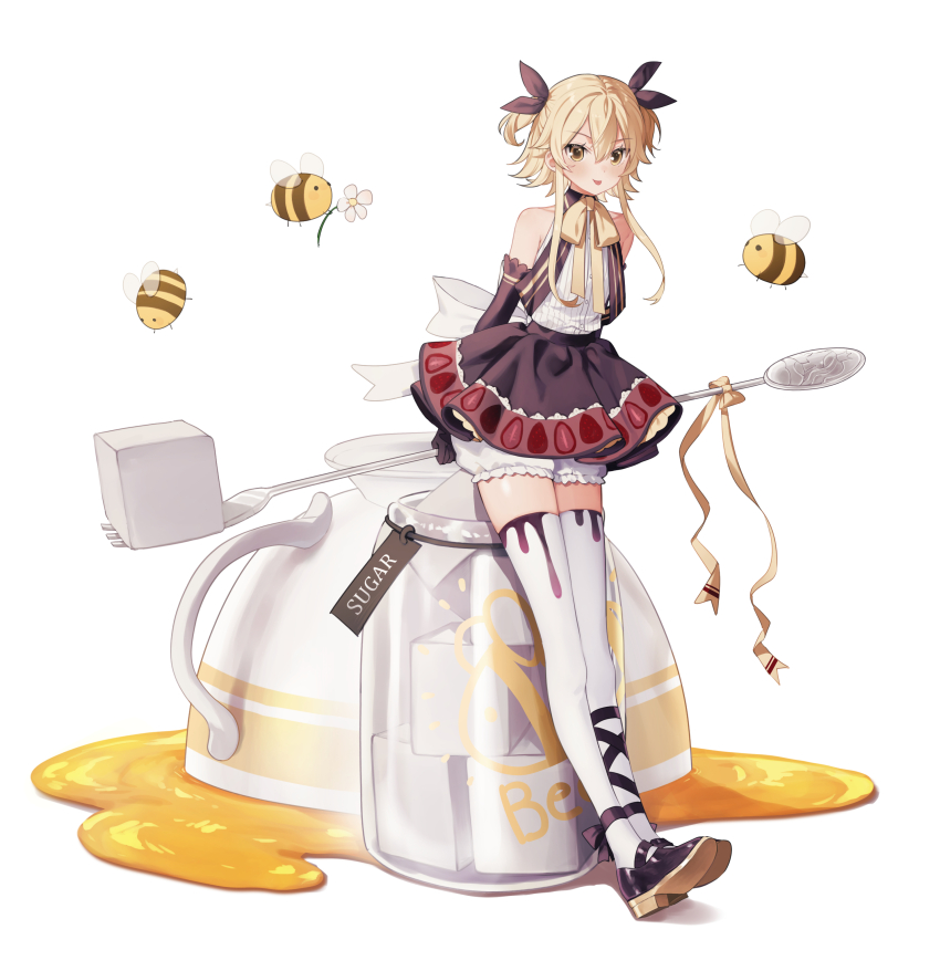 1boy, absurdres, back_bow, bee, black_bow, blonde_hair, bloomers, bow, bug, collared_shirt, crossdressing, crossdressing_(mtf), cup, envy_elika_(koyashaka), giant_fork, hair_bow, highres, honey, insect, jar, koyashaka, leg_ribbon, male_focus, mary_janes, miniskirt, open_mouth, original, ribbon, shirt, shoes, skirt, solo, sugar_cube, teacup, thighhighs, trap, underwear, white_bloomers, white_bow, white_shirt, white_thighhighs, yellow_eyes