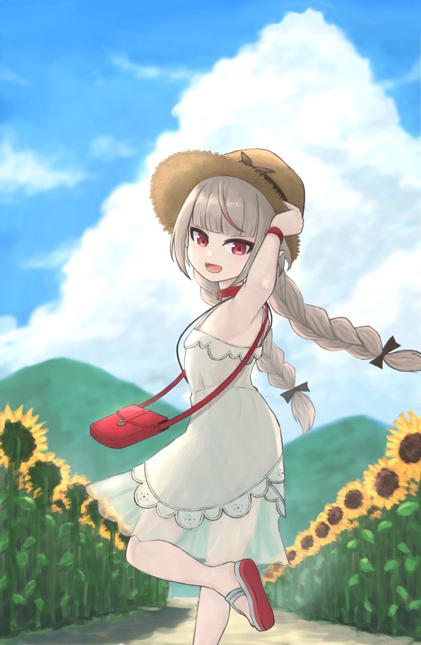 1girl, absurdres, armpits, bag, bangle, bare_shoulders, belt_collar, black_bow