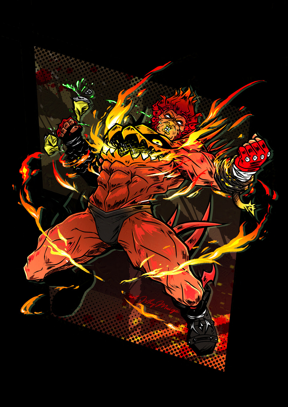 1boy, black_boots, blank_eyes, boots, brute_bomber, can, chest_mouth, clenched_teeth