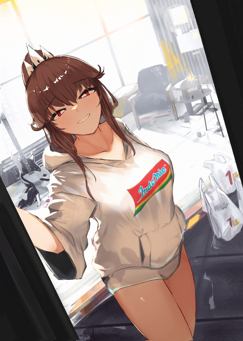 1girl, bag, breasts, brown_hair, chair, collarbone, crown, doorway, dutch_angle, grin, hair_bun, half-closed_eyes, highres, hood, hood_down, hoodie, indomie_(brand), indoors, large_breasts, liz_(nin_fake), long_hair, looking_at_viewer, messy_room, nin_fake, open_door, original, plastic_bag, print_hoodie, red_eyes, shopping_bag, shorts, sidelocks, smile, solo, standing, thighs, trash_bag, white_hoodie