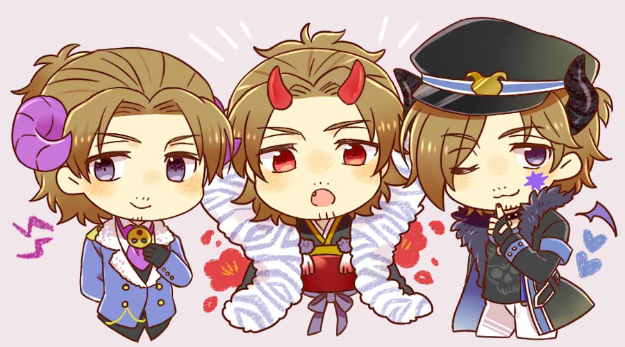 3boys, :3, :o, black_gloves, black_horns, black_jacket, black_nails, black_shirt