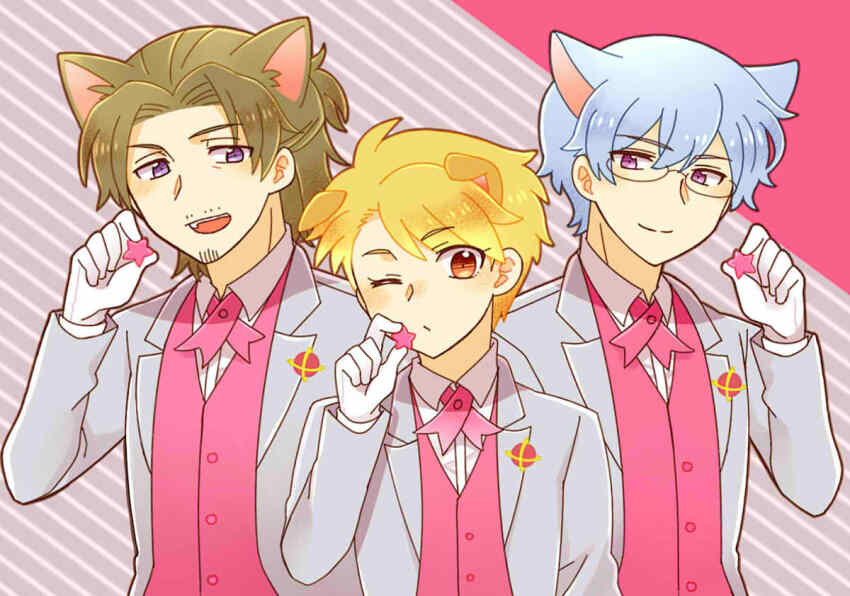 3boys, :d, animal_ears, blonde_hair, brown_hair, cat_boy, cat_ears, collared_shirt