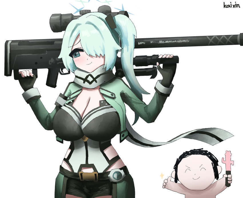 1girl, absurdres, alternate_costume, anti-materiel_rifle, belt, belt_buckle, black_belt, black_shorts