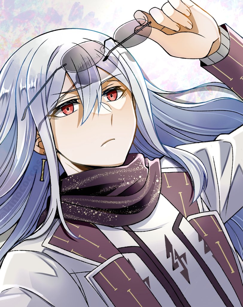 1boy, black_scarf, commentary_request, earrings, frown, glasses, hair_between_eyes, holding