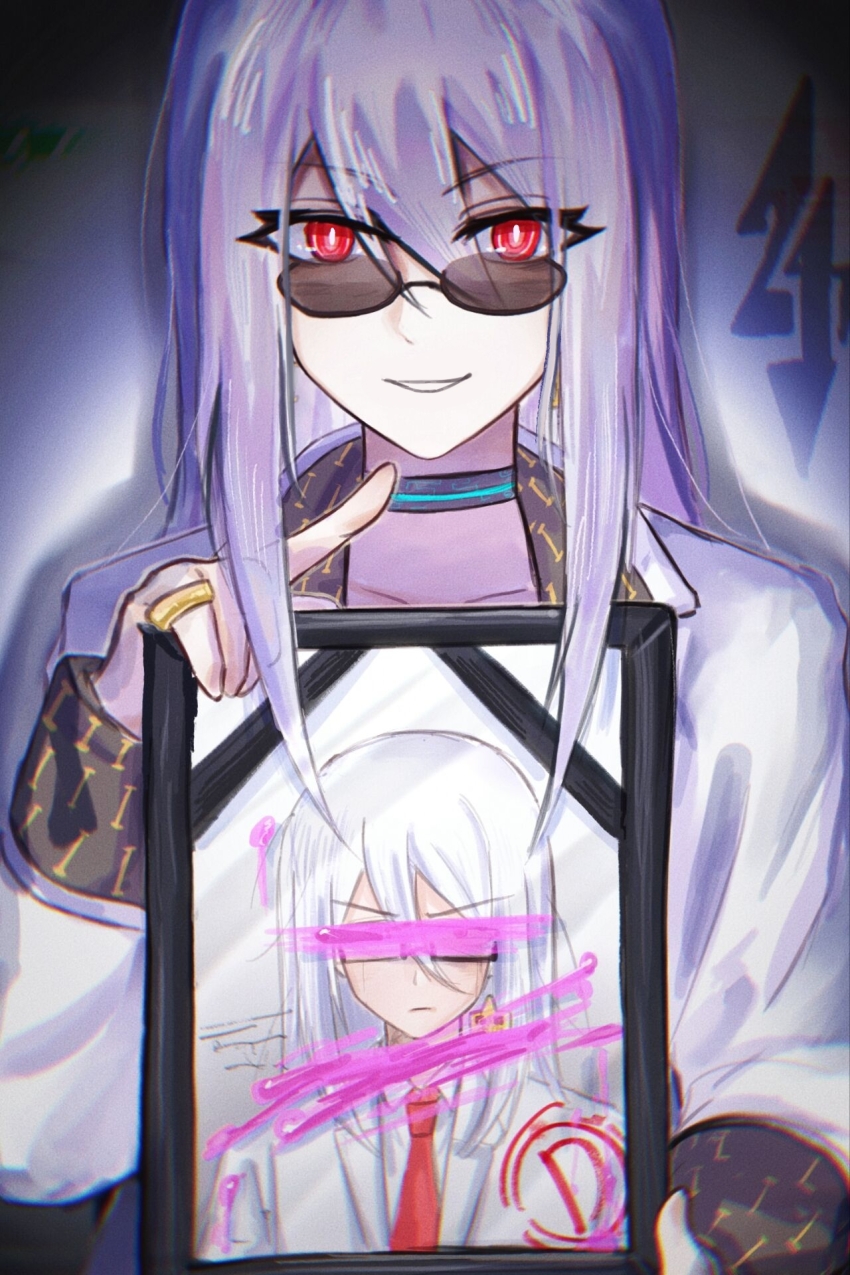 1boy, bright_pupils, censored, censored_identity, earrings, grey_hair, grin, hair_between_eyes, highres, holding, holding_photo, ichinose_kazuma, iei, ikiaszhsa, jacket, jewelry, long_hair, looking_at_viewer, male_focus, photo_(object), red_eyes, ring, sidelocks, smile, solo, spotlight, tribe_nine, upper_body, white_jacket, white_pupils