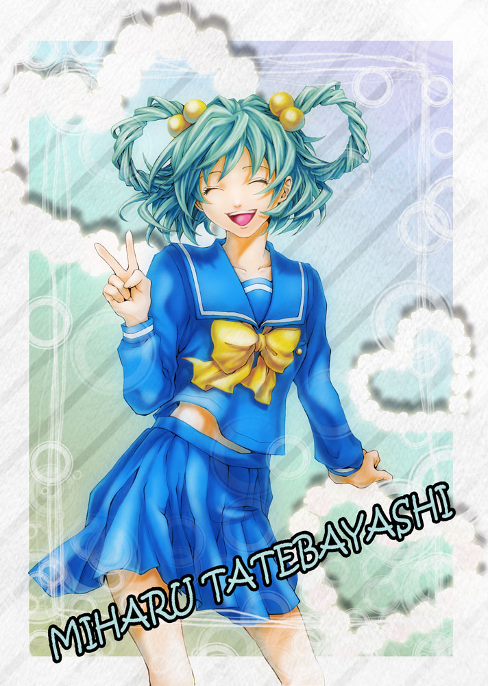 1girl, :d, blue_shirt, blue_skirt, bow, character_name, closed_eyes, facing_viewer