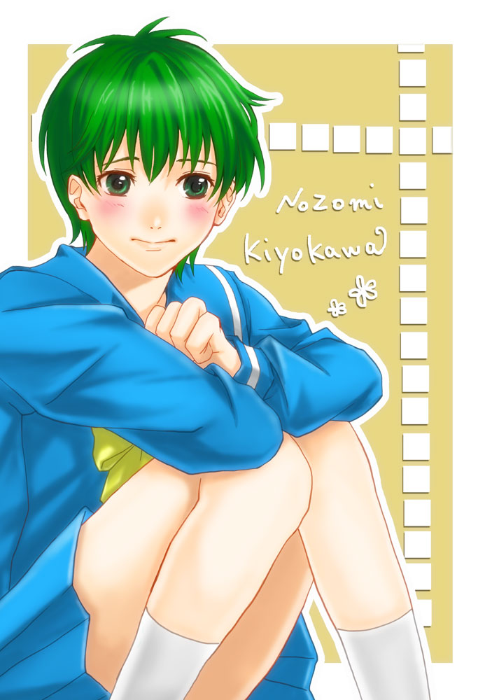 1girl, blue_shirt, blue_skirt, blush, bow, character_name, elbows_on_knees, green_eyes