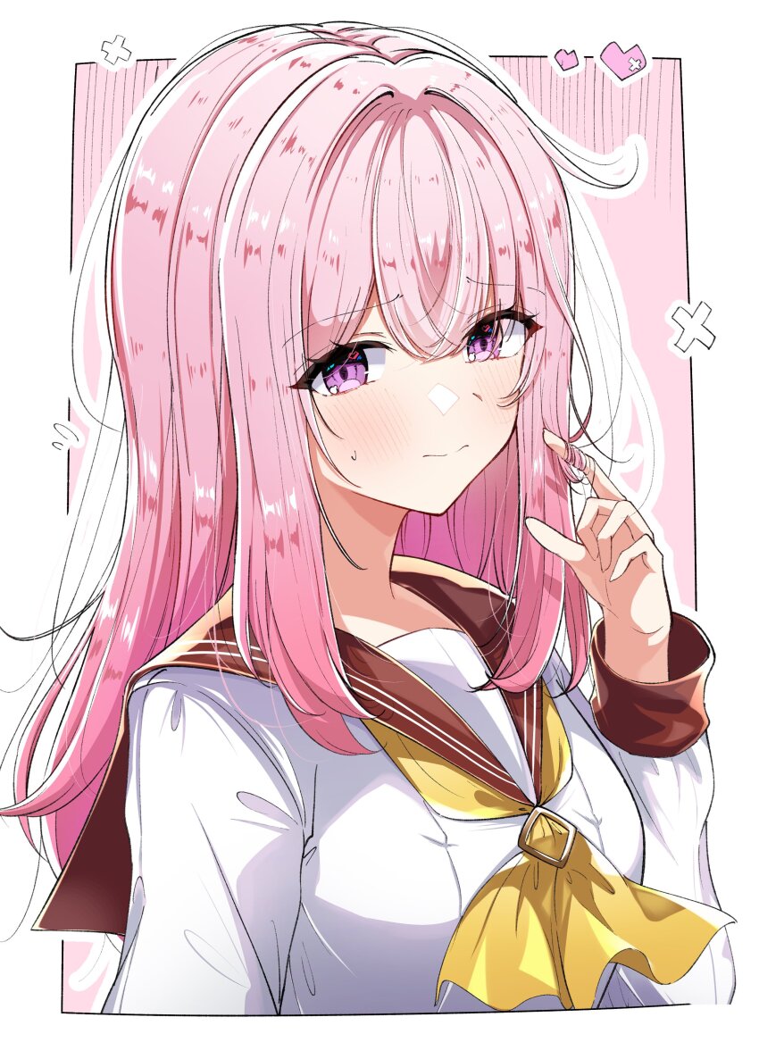 1girl, absurdres, brown_sailor_collar, hand_up, highres, light_blush, long_hair, long_sleeves