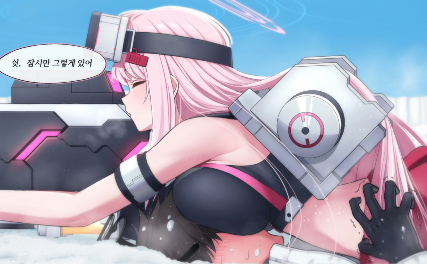 1boy, 1girl, aiming, bare_shoulders, black_gloves, black_hair, black_pants, black_shirt