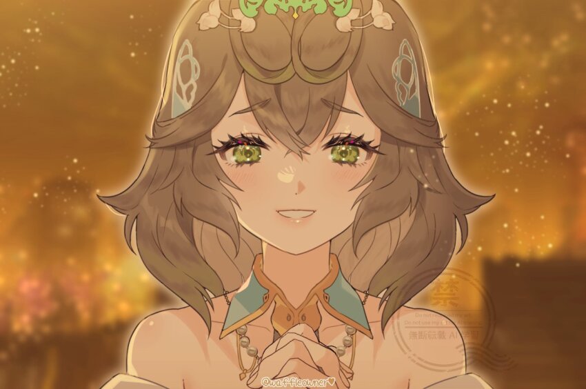 1girl, bare_shoulders, brown_hair, commentary_request, detached_collar, final_fantasy, final_fantasy_xiv, green_eyes, grin, korean_commentary, light_blush, looking_at_viewer, medium_hair, own_hands_clasped, own_hands_together, portrait, smile, solo, sphene_(ff14), tiara, twitter_username, waffleowner, watermark, yellow_theme