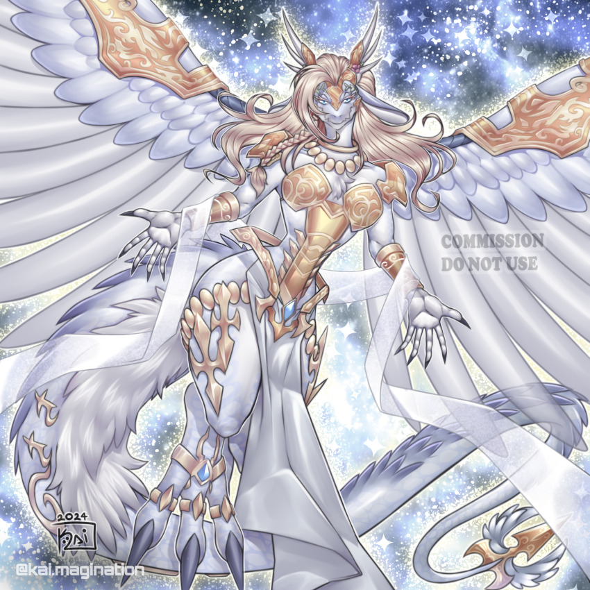 1girl, absurdres, artist_name, blonde_hair, blue_eyes, blue_scales, breasts, claws, dragon_girl, dragon_horns, dragon_tail, dragon_wings, duel_monster, feathered_wings, feathers, gold_wrist_cuffs, highres, horns, jewelry, kai.magination, long_hair, looking_at_viewer, medium_breasts, necklace, pelvic_curtain, playing_card_game, playing_games, saffira_divine_dragon_of_the_voiceless_voice, saffira_dragon_queen_of_the_voiceless_voice, smile, solo, tail, watermark, wings, yu-gi-oh!