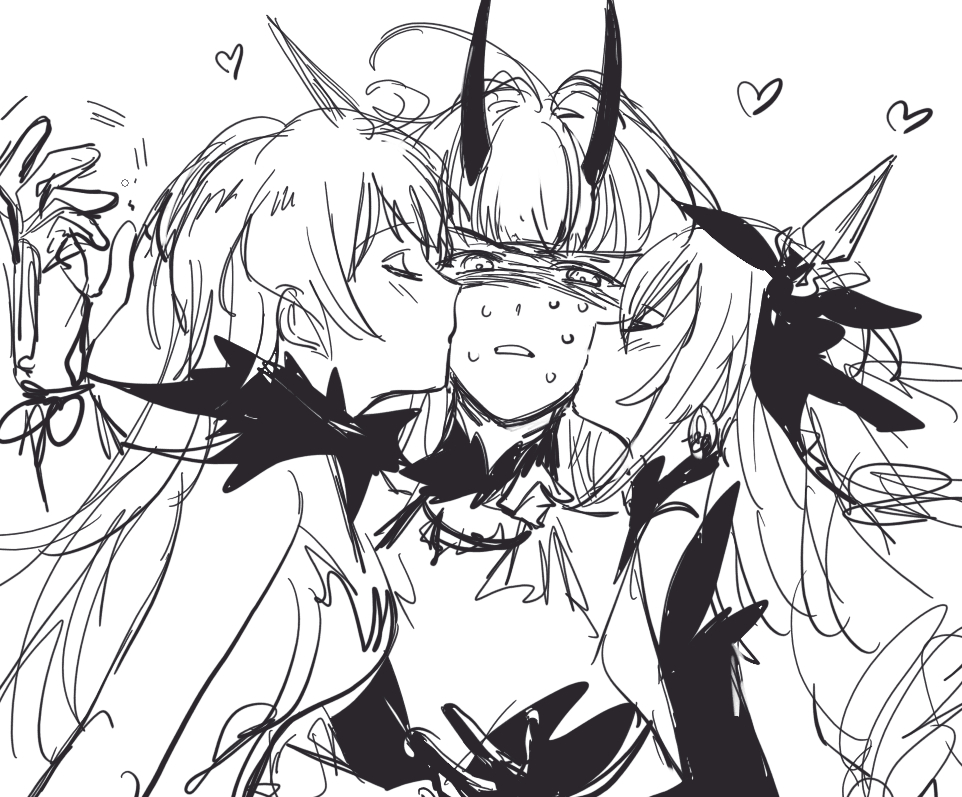 3girls, blush, bronya_zaychik, cheek_kiss, daikon_daikon, double_cheek_kiss, girl_sandwich, greyscale