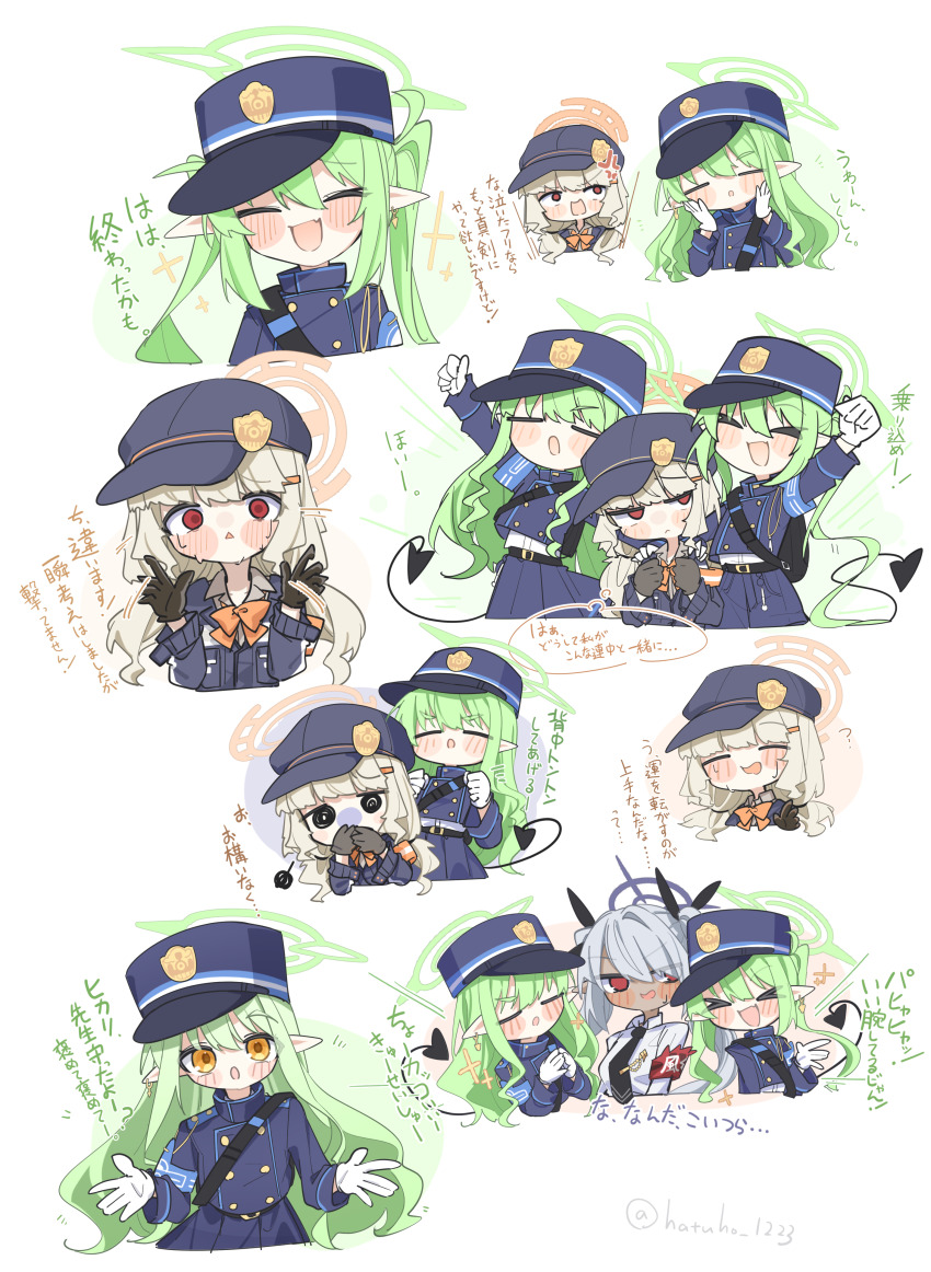 >_<, 4girls, absurdres, aoba_(blue_archive), arm_up, armband, black_necktie, black_tail, blonde_hair, blue_archive, blue_armband, brown_gloves, buttons, newsboy_cap, closed_eyes, collared_shirt, covering_own_mouth, demon_tail, double-breasted, expressionless, gloves, green_hair, green_halo, grey_hair, hair_ribbon, halo, hat, hatuho_1223, highres, hikari_(blue_archive), iori_(blue_archive), jacket, long_hair, long_sleeves, multiple_girls, multiple_views, necktie, nozomi_(blue_archive), open_mouth, orange_halo, peaked_cap, pleated_skirt, pointy_ears, red_armband, red_eyes, ribbon, shirt, shorts, siblings, sidelocks, simple_background, sisters, skirt, smile, tail, translation_request, twins, white_gloves, white_shirt, yellow_eyes