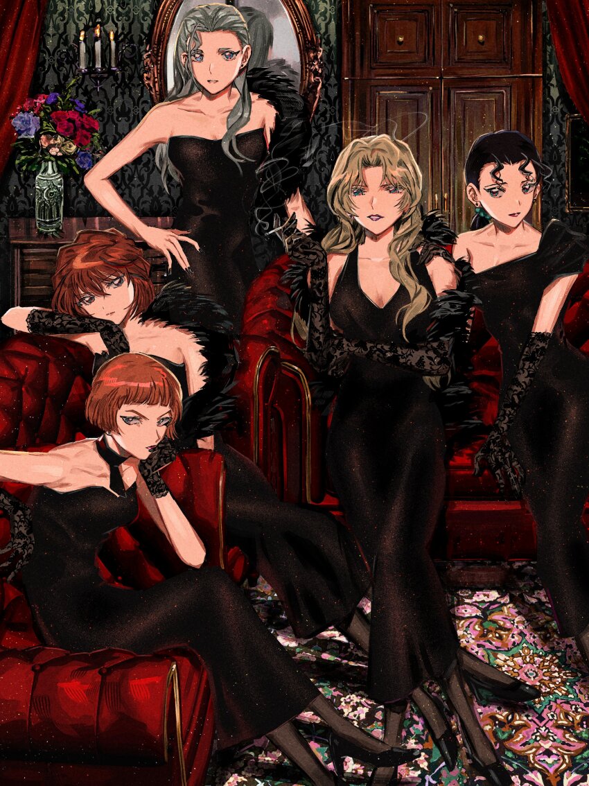 5girls, absurdres, bare_shoulders, black_dress, black_gloves, black_hair, black_nails, black_pantyhose