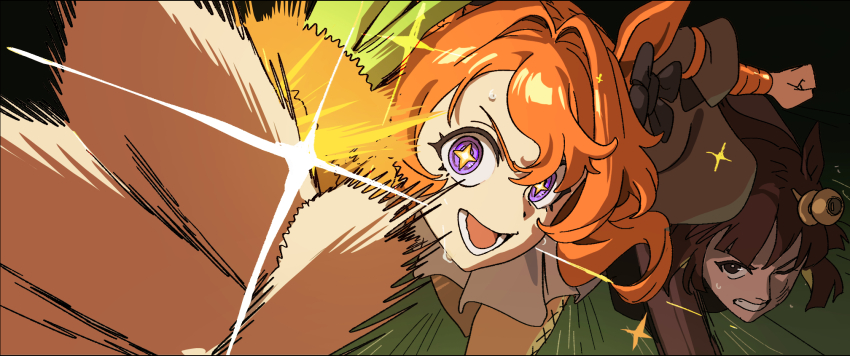 2girls, animal_ears, black_bow, bow, clenched_teeth, commentary, door_knob_(horse_race_tests), english_commentary, hair_intakes, hair_ornament, highres, horse_ears, horse_girl, horse_race_tests, jovial_merryment, long_hair, looking_at_viewer, meka_aoratos, multiple_girls, open_mouth, orange_hair, purple_eyes, running, smile, star-shaped_pupils, star_(symbol), symbol-shaped_pupils, teeth