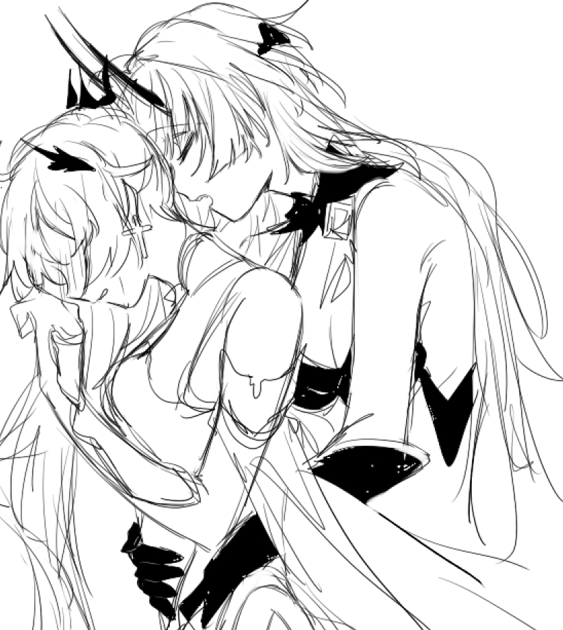 2girls, blush, breasts, daikon_daikon, grabbing_from_behind, greyscale, honkai_(series), honkai_impact_3rd, horns, kiana_kaslana, kiana_kaslana_(herrscher_of_flamescion), long_hair, medium_breasts, monochrome, multiple_girls, raiden_mei, raiden_mei_(herrscher_of_thunder), sketch, white_background, yuri