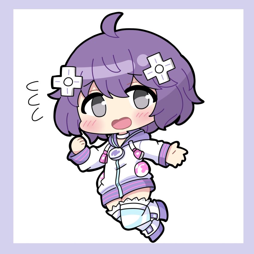 1girl, bernadetta_von_varley, blush, chibi, chibi_only, choker, cosplay, d-pad, d-pad_hair_ornament, fire_emblem, fire_emblem:_three_houses, grey_eyes, hair_ornament, highres, hiro_kayama, hood, hooded_track_jacket, hoodie, jacket, jewelry, long_sleeves, neck_ring, neptune_(neptunia), neptune_(neptunia)_(cosplay), neptune_(series), nintendo, open_mouth, purple_hair, short_hair, simple_background, socks, solo, striped_clothes, striped_socks, track_jacket, usb, white_choker