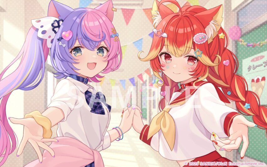 2girls, :d, animal_ear_fluff, animal_ears, blonde_hair, blue_eyes, blush, bracelet