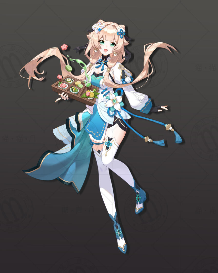 1girl, :d, absurdres, asymmetrical_legwear, bad_source, black_gloves, blonde_hair, breasts, chinese_clothes, chinese_food, chinese_knot, cleavage, commentary_request, cone_hair_bun, cup, dress, earrings, fingerless_gloves, flower, food, full_body, gloves, green_eyes, grey_background, hair_bun, hair_flower, hair_ornament, highres, holding, jewelry, leg_warmers, long_hair, looking_at_viewer, low-tied_sidelocks, maomaoji, open_mouth, original, pastry, peach_blossom_su, portrait, puffy_sleeves, sidelocks, simple_background, smile, solo, tea, teacup, thighhighs, tray, white_thighhighs