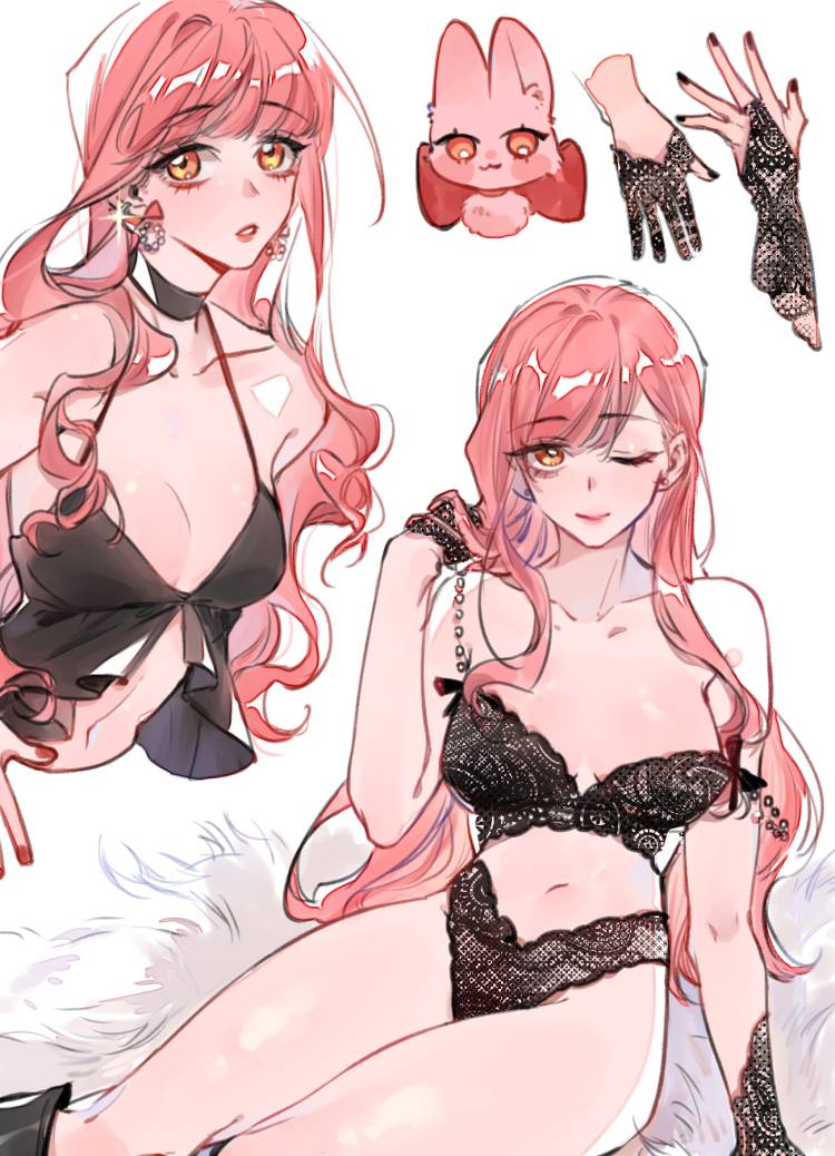 1girl, bare_shoulders, binglanxianqi, black_bra, black_choker, black_gloves, black_panties, bra, choker, collarbone, earrings, fingerless_gloves, front-fastening_bra, front-tie_bra, gloves, halterneck, highleg, highleg_panties, jewelry, lace, lace_bra, lace_gloves, lace_panties, lingerie, long_hair, looking_at_viewer, navel, nikki_(nikki), nikki_(series), one_eye_closed, panties, simple_background, smile, solo, strap_slip, underwear, underwear_only