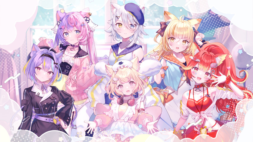 6+girls, :d, animal_ear_fluff, animal_ears, bare_shoulders, beret, black_dress, black_hairband