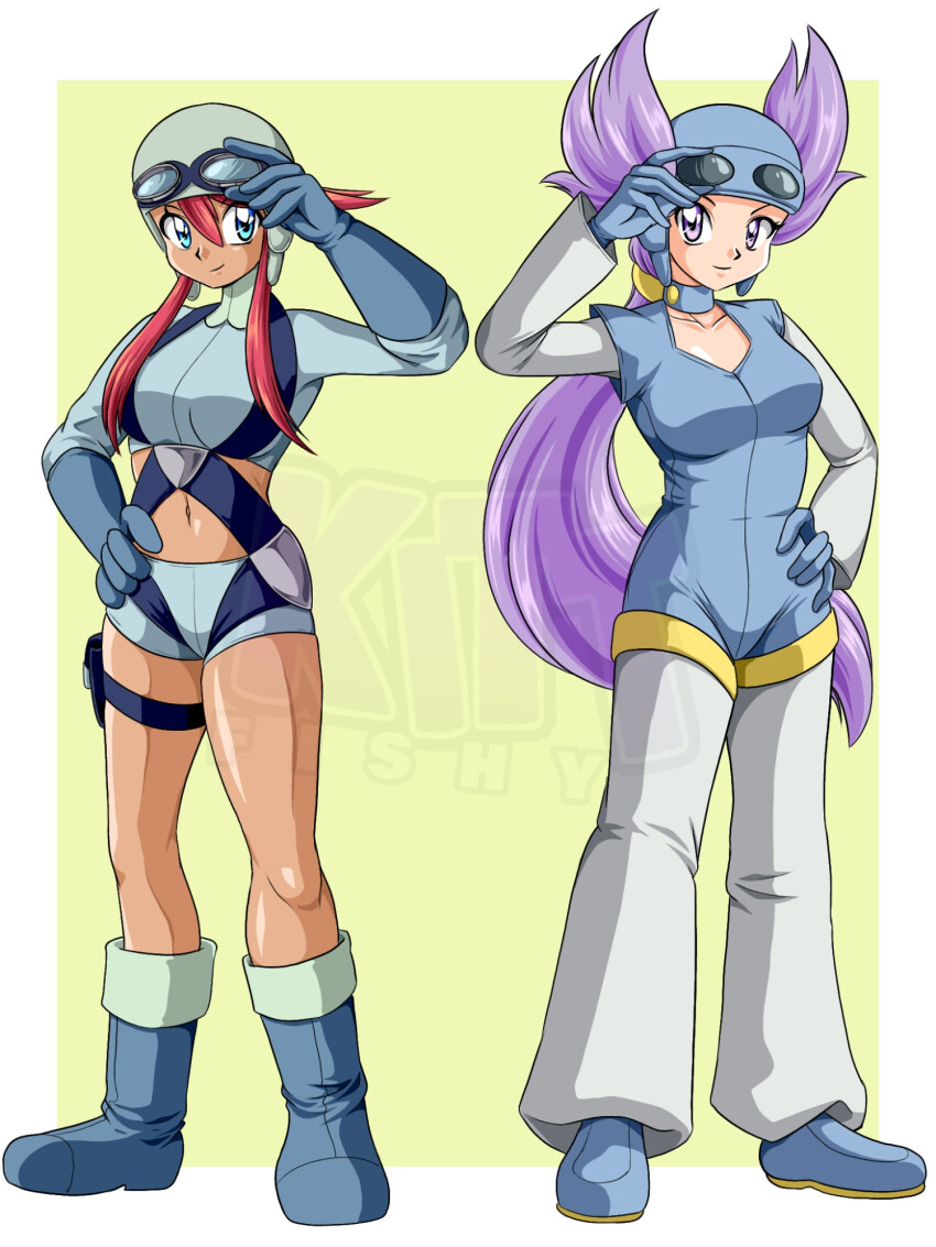 2girls, blue_eyes, boots, breasts, crop_top, dark-skinned_female, dark_skin, gloves, goggles, helmet, highres, jumpsuit, kittfishy, large_breasts, long_hair, multiple_girls, nintendo, pants, pokemon, pokemon_black_and_white, pokemon_ruby/sapphire/emerald, purple_hair, red_hair, shorts, skyla_(pokemon), thigh_strap, very_long_hair, winona_(pokemon)