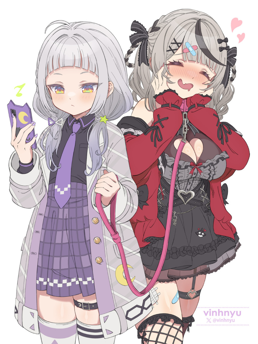 2girls, age_difference, ahoge, animal_collar, arched_bangs, artist_name, asymmetrical_legwear, bandaid