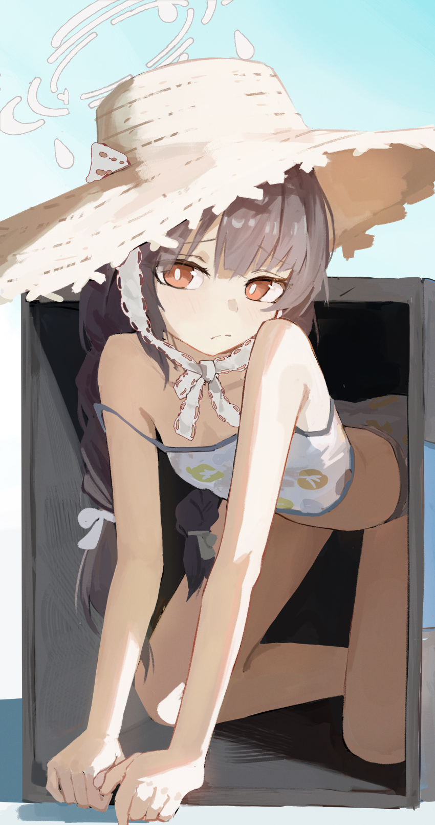 1girl, absurdres, all_fours, black_hair, blue_archive, braid, closed_mouth, commentary_request