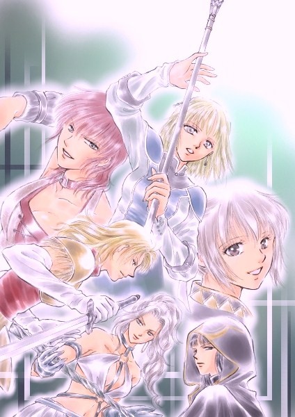 6+girls, bad_id, bad_pixiv_id, black_hair, blonde_hair, breasts, brown_hair, choker, cleavage, dress, earrings, gensou_suikoden, gensou_suikoden_i, gensou_suikoden_ii, gensou_suikoden_iii, gensou_suikoden_v, gloves, hood, jeane_(suikoden), jewelry, large_breasts, levay_kunze, long_hair, miakis_(suikoden), midriff, multiple_girls, oulan_(suikoden), ponytail, purple_hair, red_hair, rhapsodia, sarah_(suikoden_iii), short_hair, silver_hair, staff, sword, valeria_(suikoden), weapon, zerase_(suikoden)