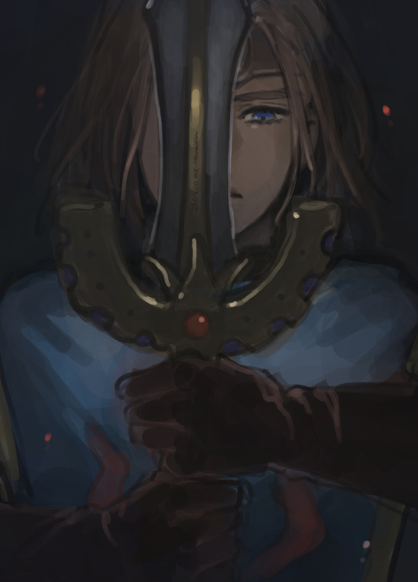 1boy, absurdres, blue_eyes, blue_tabard, brown_gloves, brown_hair, circlet, commentary_request
