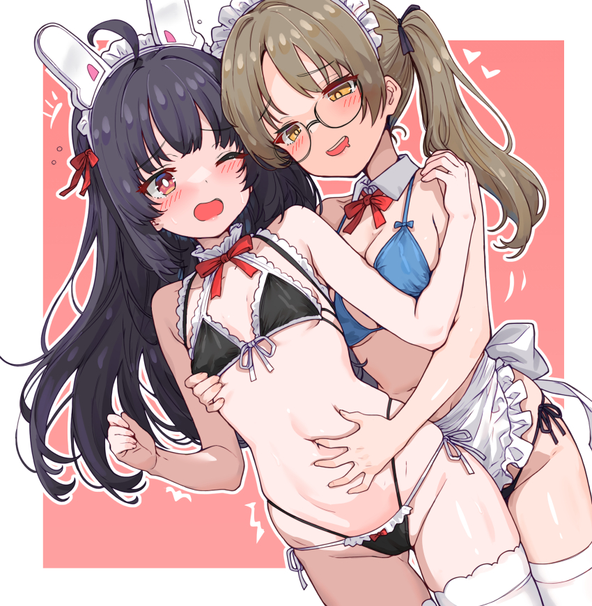 2girls, ahoge, alternate_costume, animal_ear_hairband, animal_ears, bakasp-lilzy, bare_arms, bare_shoulders, bikini, black_bikini, black_hair, blonde_hair, blue_archive, blue_bikini, blush, bow, breasts, cleavage, detached_collar, fake_animal_ears, hairband, hand_on_another's_stomach, highleg, highleg_bikini, highres, large_breasts, loli, long_hair, looking_at_another, maid, maid_bikini, maid_headdress, miyu_(blue_archive), moe_(blue_archive), multiple_girls, navel, one_eye_closed, open_mouth, parted_bangs, pink_eyes, rabbit_ear_hairband, rabbit_ears, red_bow, side_ponytail, sidelocks, small_breasts, stomach, swimsuit, thighhighs, unconventional_maid, white_hairband, white_thighhighs, yellow_eyes, yuri